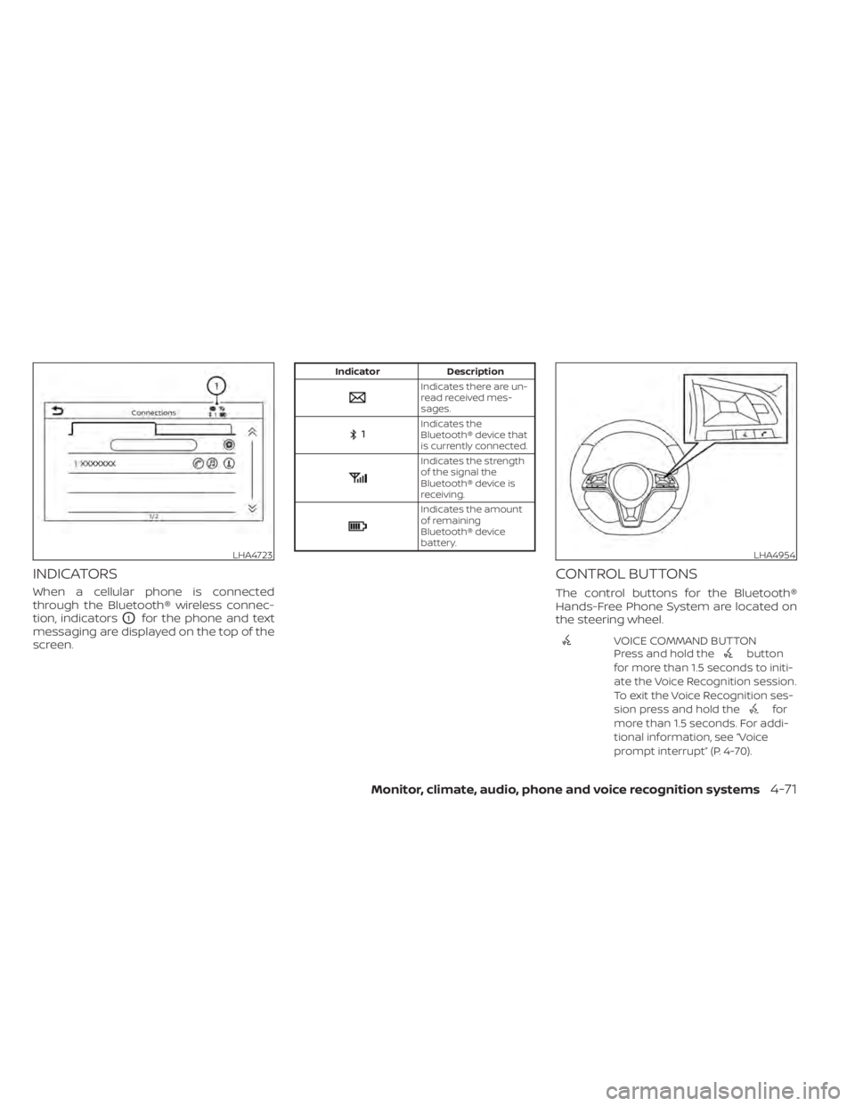 NISSAN ALTIMA 2023 Owners Manual INDICATORS
When a cellular phone is connected
through the Bluetooth® wireless connec-
tion, indicators
O1for the phone and text
messaging are displayed on the top of the
screen.
Indicator Description NISSAN ALTIMA 2023 Owners Manual INDICATORS
When a cellular phone is connected
through the Bluetooth® wireless connec-
tion, indicators
O1for the phone and text
messaging are displayed on the top of the
screen.
Indicator Description