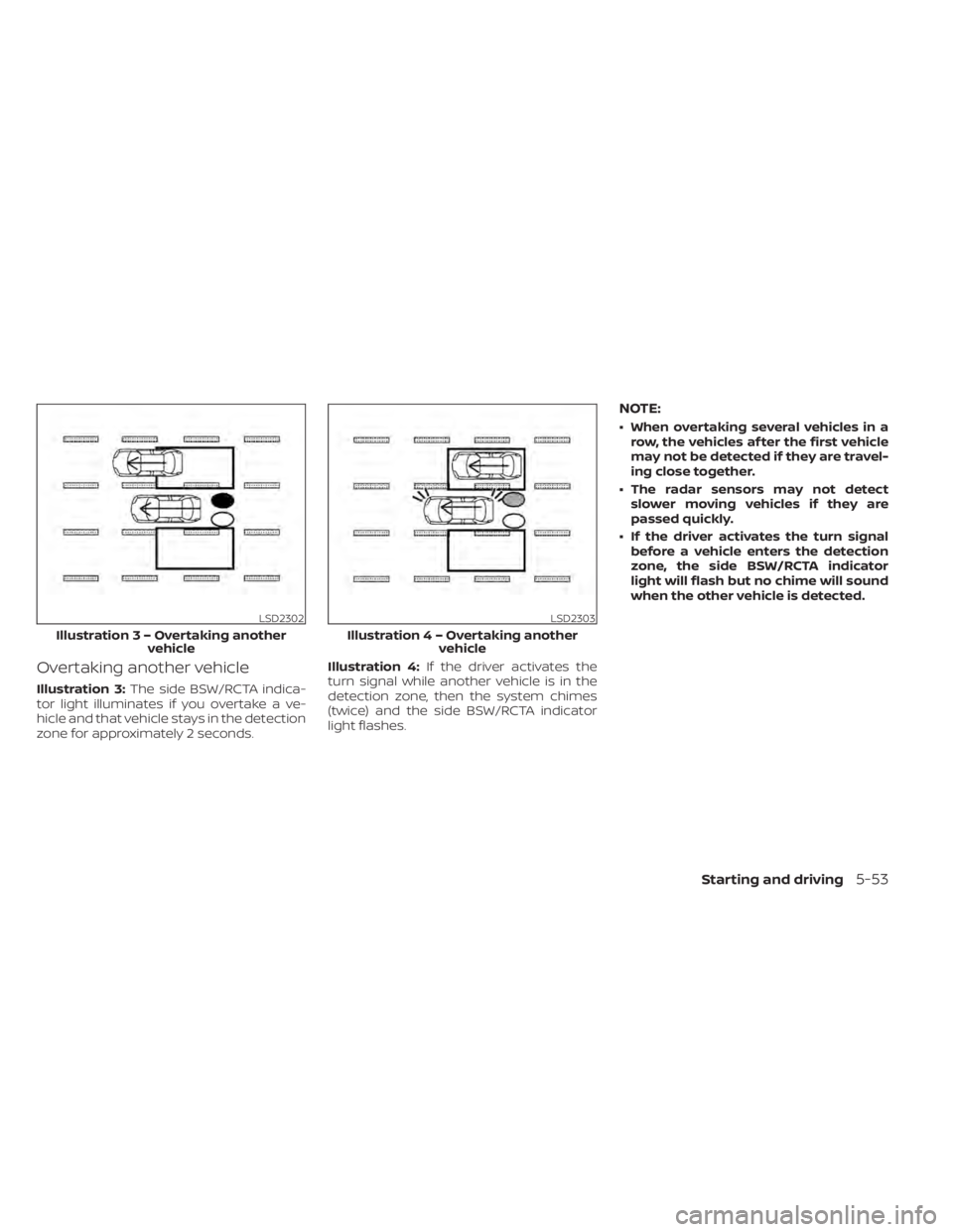 NISSAN ALTIMA 2023  Owners Manual Overtaking another vehicle
Illustration 3:The side BSW/RCTA indica-
tor light illuminates if you overtake a ve-
hicle and that vehicle stays in the detection
zone for approximately 2 seconds. Illustra