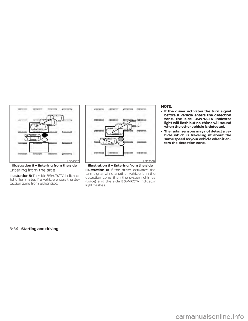 NISSAN ALTIMA 2023  Owners Manual Entering from the side
Illustration 5:The side BSW/RCTA indicator
light illuminates if a vehicle enters the de-
tection zone from either side. Illustration 6:
If the driver activates the
turn signal w