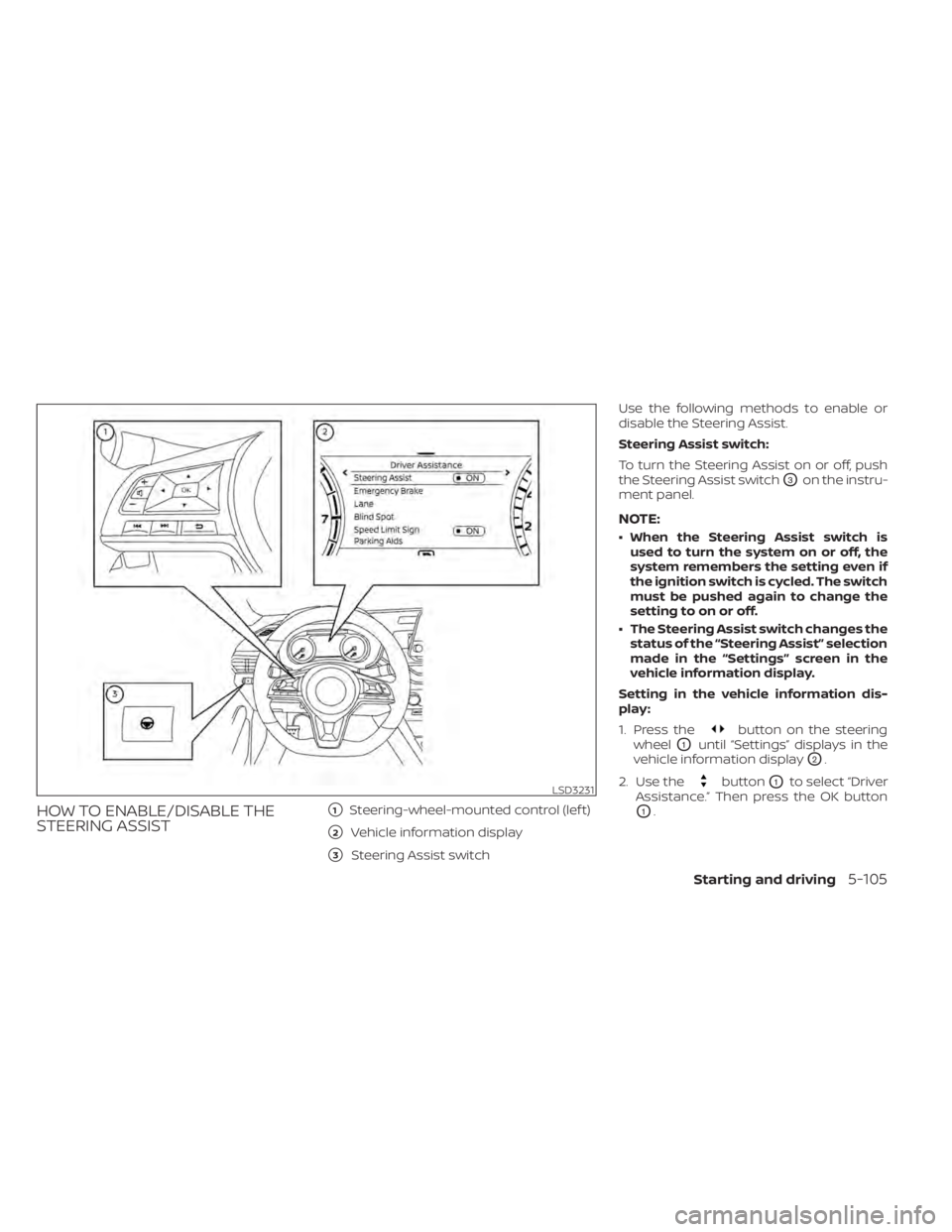 NISSAN ALTIMA 2023  Owners Manual HOW TO ENABLE/DISABLE THE
STEERING ASSIST1Steering-wheel-mounted control (lef t)
2Vehicle information display
3Steering Assist switchUse the following methods to enable or
disable the Steering Assi