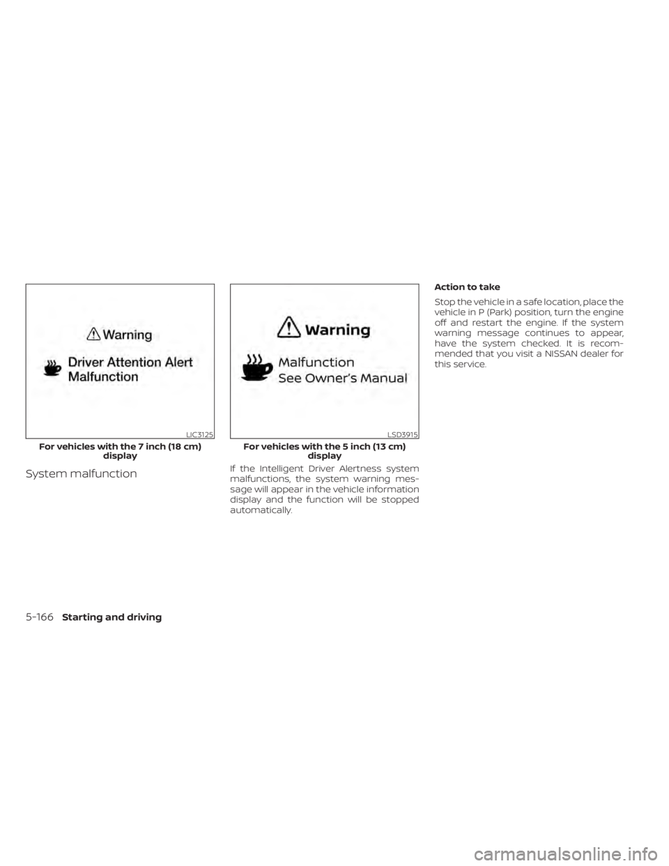 NISSAN ALTIMA 2023 Owners Manual System malfunctionIf the Intelligent Driver Alertness system
malfunctions, the system warning mes-
sage will appear in the vehicle information
display and the function will be stopped
automatically.Ac NISSAN ALTIMA 2023 Owners Manual System malfunctionIf the Intelligent Driver Alertness system
malfunctions, the system warning mes-
sage will appear in the vehicle information
display and the function will be stopped
automatically.Ac