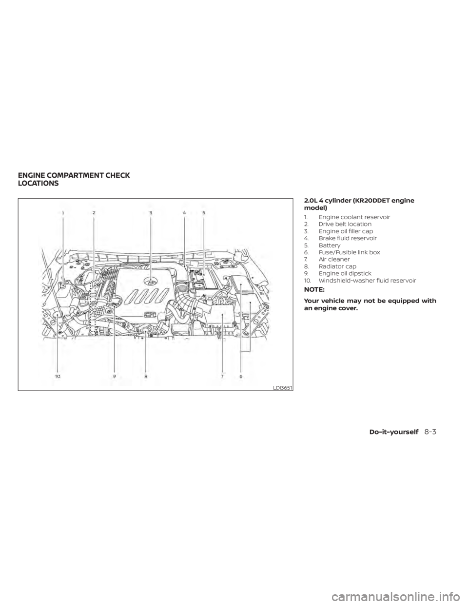 NISSAN ALTIMA 2023 Owners Manual 2.0L 4 cylinder (KR20DDET engine
model)
1. Engine coolant reservoir
2. Drive belt location
3. Engine oil filler cap
4. Brake fluid reservoir
5. Battery
6. Fuse/Fusible link box
7. Air cleaner
8. Radia NISSAN ALTIMA 2023 Owners Manual 2.0L 4 cylinder (KR20DDET engine
model)
1. Engine coolant reservoir
2. Drive belt location
3. Engine oil filler cap
4. Brake fluid reservoir
5. Battery
6. Fuse/Fusible link box
7. Air cleaner
8. Radia