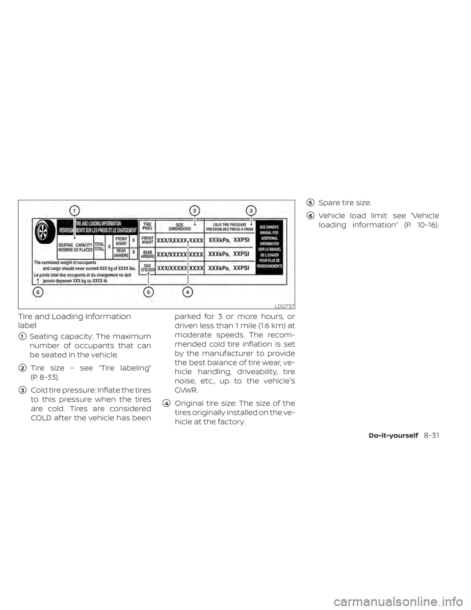 NISSAN ALTIMA 2023  Owners Manual Tire and Loading Information
label
1Seating capacity: The maximum
number of occupants that can
be seated in the vehicle.
2Tire size – see “Tire labeling”
(P. 8-33).
3Cold tire pressure: Infla
