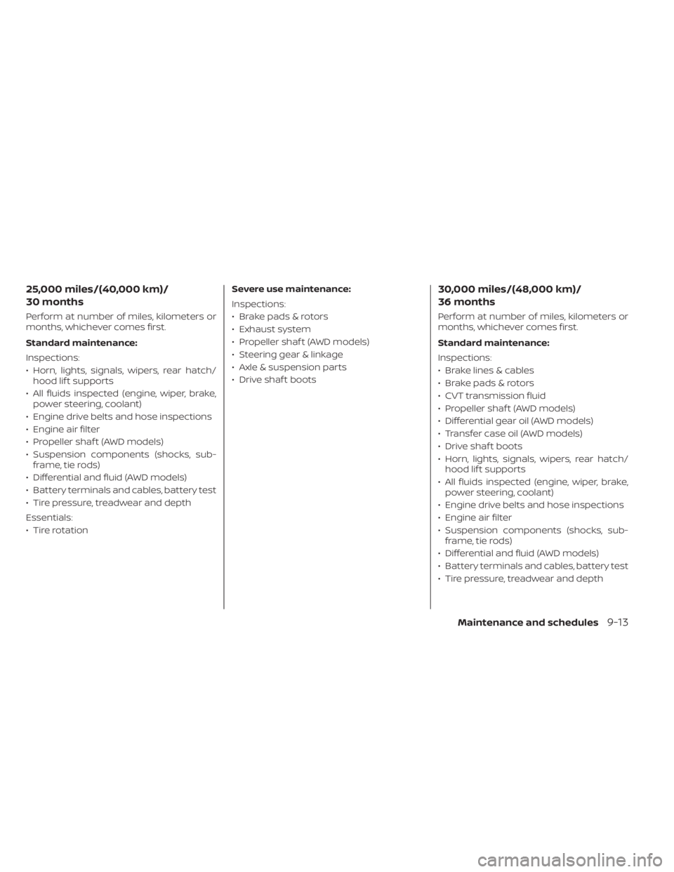 NISSAN ALTIMA 2023  Owners Manual 25,000 miles/(40,000 km)/
30 months
Perform at number of miles, kilometers or
months, whichever comes first.
Standard maintenance:
Inspections:
• Horn, lights, signals, wipers, rear hatch/hood lif t
