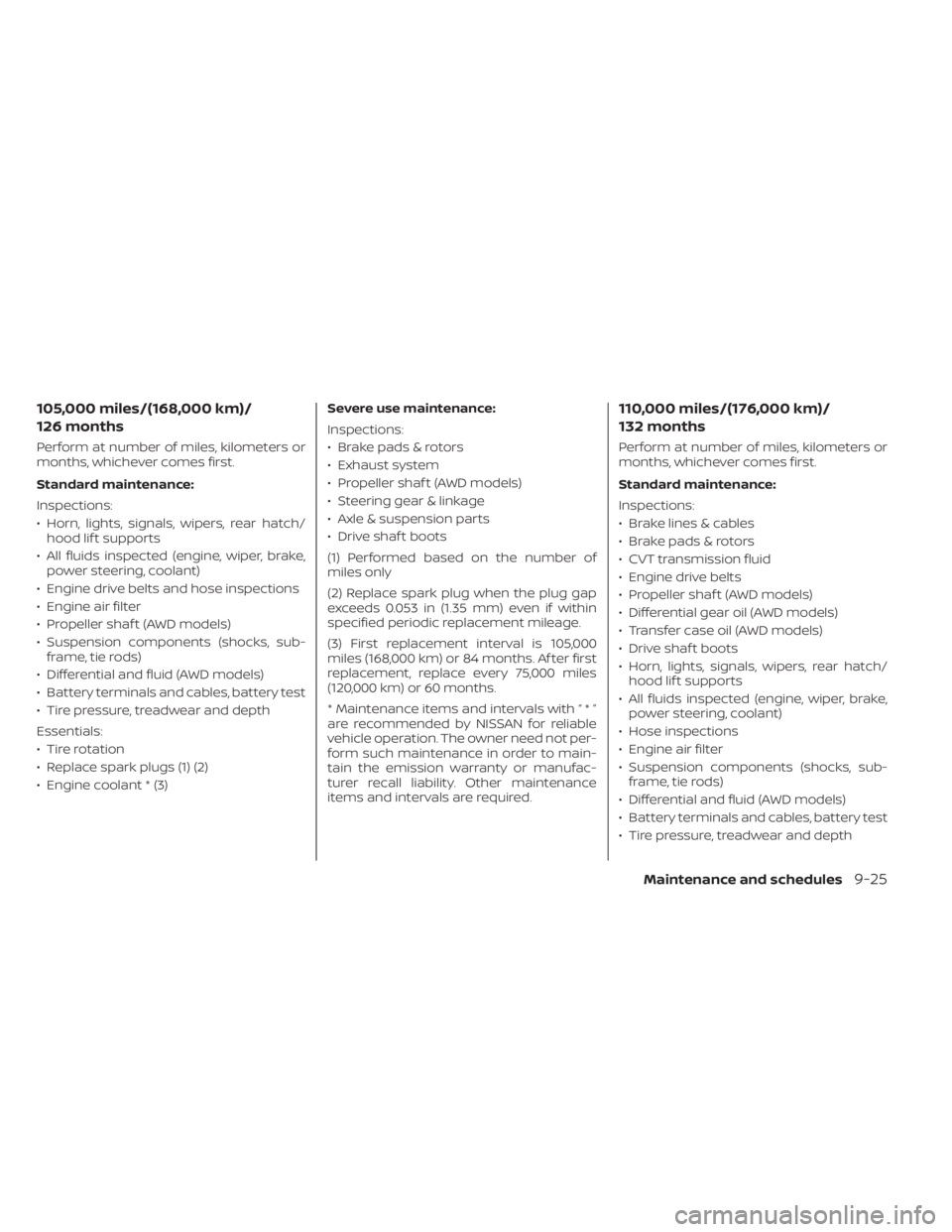 NISSAN ALTIMA 2023  Owners Manual 105,000 miles/(168,000 km)/
126 months
Perform at number of miles, kilometers or
months, whichever comes first.
Standard maintenance:
Inspections:
• Horn, lights, signals, wipers, rear hatch/hood li