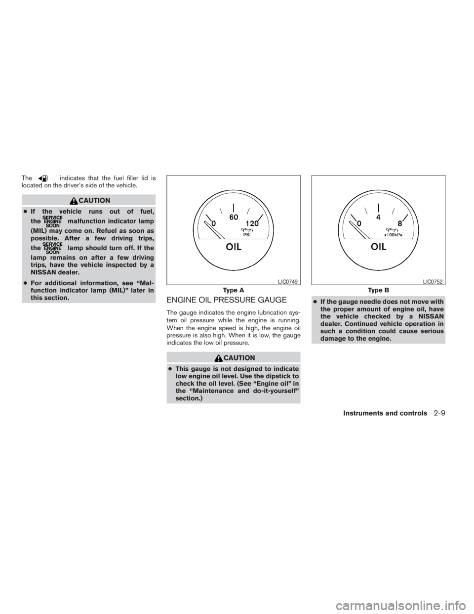 NISSAN ALTIMA 3,5 SE 2005 Manual PDF indicates that the fuel filler lid is
located on the driver’s side of the vehicle.
malfunction indicator lamp
(MIL) may come on. Refuel as soon as
possible. After a few driving trips,
the
lamp shoul