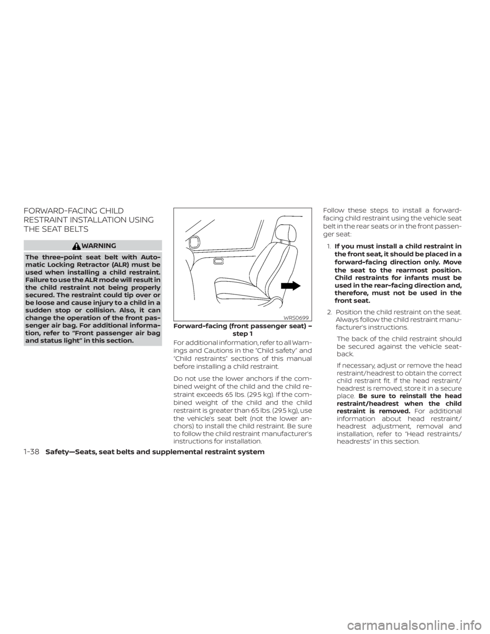 NISSAN ALTIMA SL 2019 Manual PDF FORWARD-FACING CHILD
RESTRAINT INSTALLATION USING
THE SEAT BELTS 