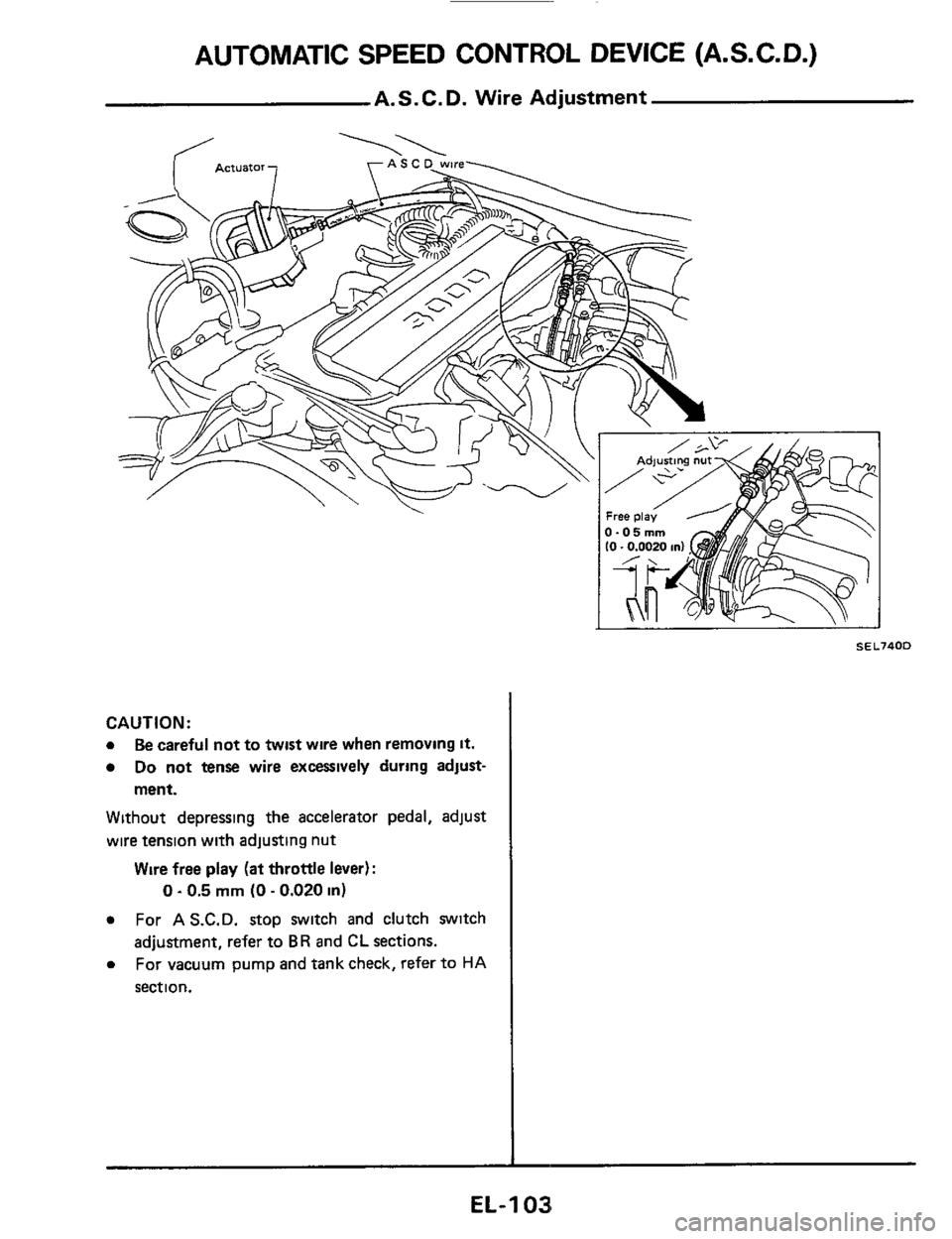 NISSAN 300ZX 1984 Z31 Electrical System Workshop Manual SEL740D 
CAUTION: 
a Be careful not to twist  wire when  removing it. 
Do not tense wire excessively during adjust- 
ment. 
Without  depressing  the accelerator  pedal, adjust 
wire tension  with adju