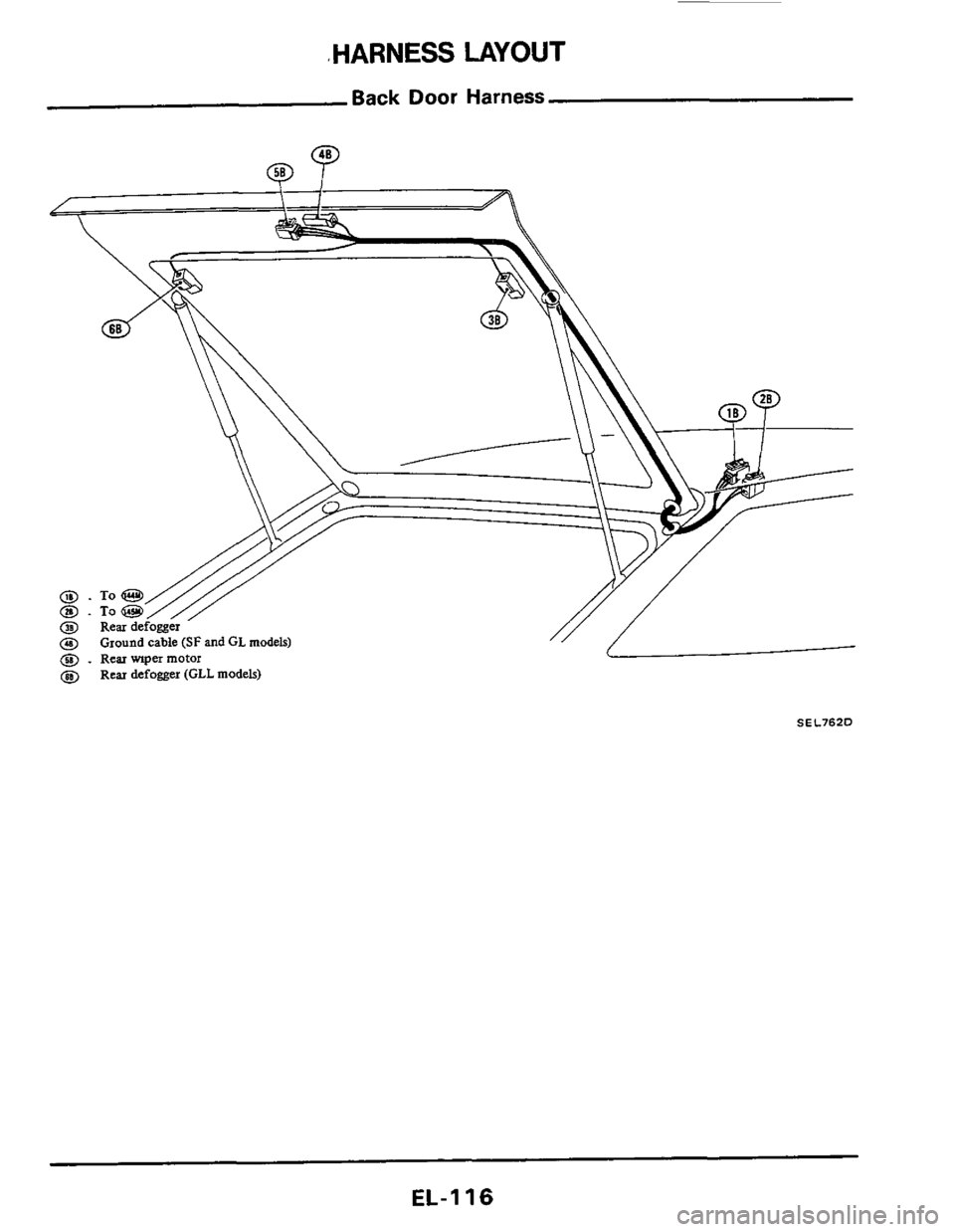NISSAN 300ZX 1984 Z31 Electrical System Workshop Manual .HARNESS LAYOUT
Back Door Harness
@ . Rearmpermotor
@ Rear defogger (CLL models)
SEL762D
EL-I 16 NISSAN 300ZX 1984 Z31 Electrical System Workshop Manual .HARNESS LAYOUT
Back Door Harness
@ . Rearmpermotor
@ Rear defogger (CLL models)
SEL762D
EL-I 16