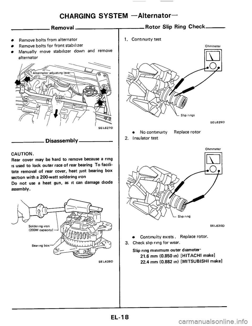 NISSAN 300ZX 1984 Z31 Electrical System User Guide ____ ____
CHARGING SYSTEM -Alternator-
Removal
Remove bolts from alternator
Remove bolts for front stabilizer
Manually
move stabilizer down and remove
alternator
SEL627D
Disassembly
CAUT NISSAN 300ZX 1984 Z31 Electrical System User Guide ____ ____
CHARGING SYSTEM -Alternator-
Removal
Remove bolts from alternator
Remove bolts for front stabilizer
Manually
move stabilizer down and remove
alternator
SEL627D
Disassembly
CAUT