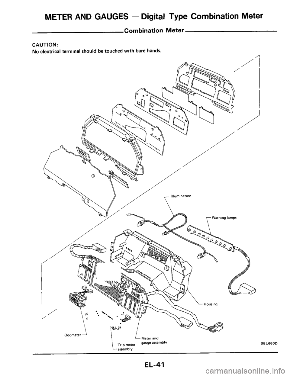 NISSAN 300ZX 1984 Z31 Electrical System Service Manual METER AND GAUGES - Digital  Type  Combination  Meter 
combination  Meter 
CAUTION: 
No  electrical terminal  should be touched  wlth bare hands. 
EL-41  