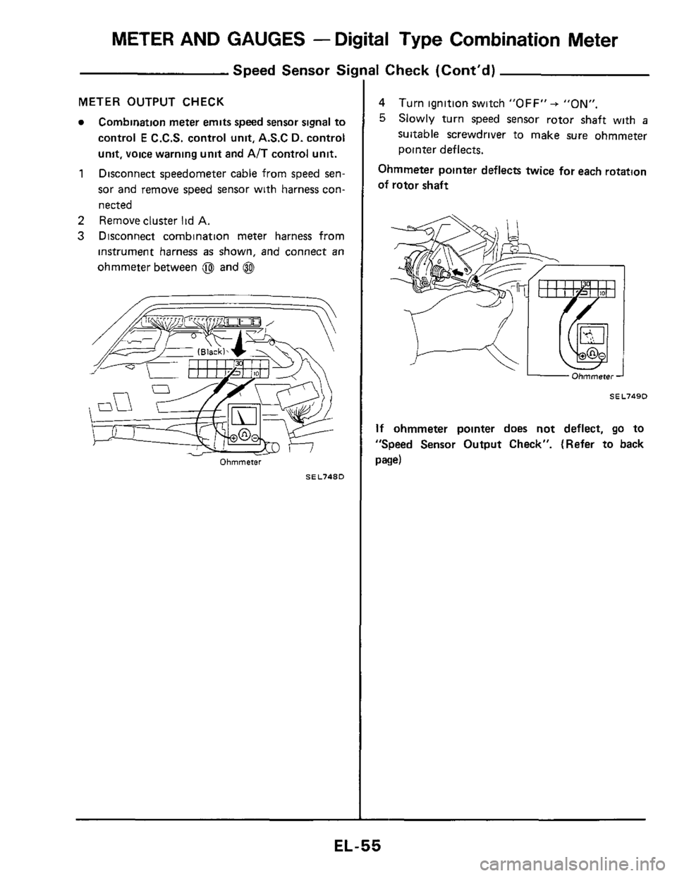 NISSAN 300ZX 1984 Z31 Electrical System Workshop Manual METER AND GAUGES - Digital Type Combination Meter
Speed Sensor Si!
METER OUTPUT CHECK
Combination meter emits speed sensor signal to
control
E C.C.S. control unit, A.S.C D. control
unit, NISSAN 300ZX 1984 Z31 Electrical System Workshop Manual METER AND GAUGES - Digital Type Combination Meter
Speed Sensor Si!
METER OUTPUT CHECK
Combination meter emits speed sensor signal to
control
E C.C.S. control unit, A.S.C D. control
unit,