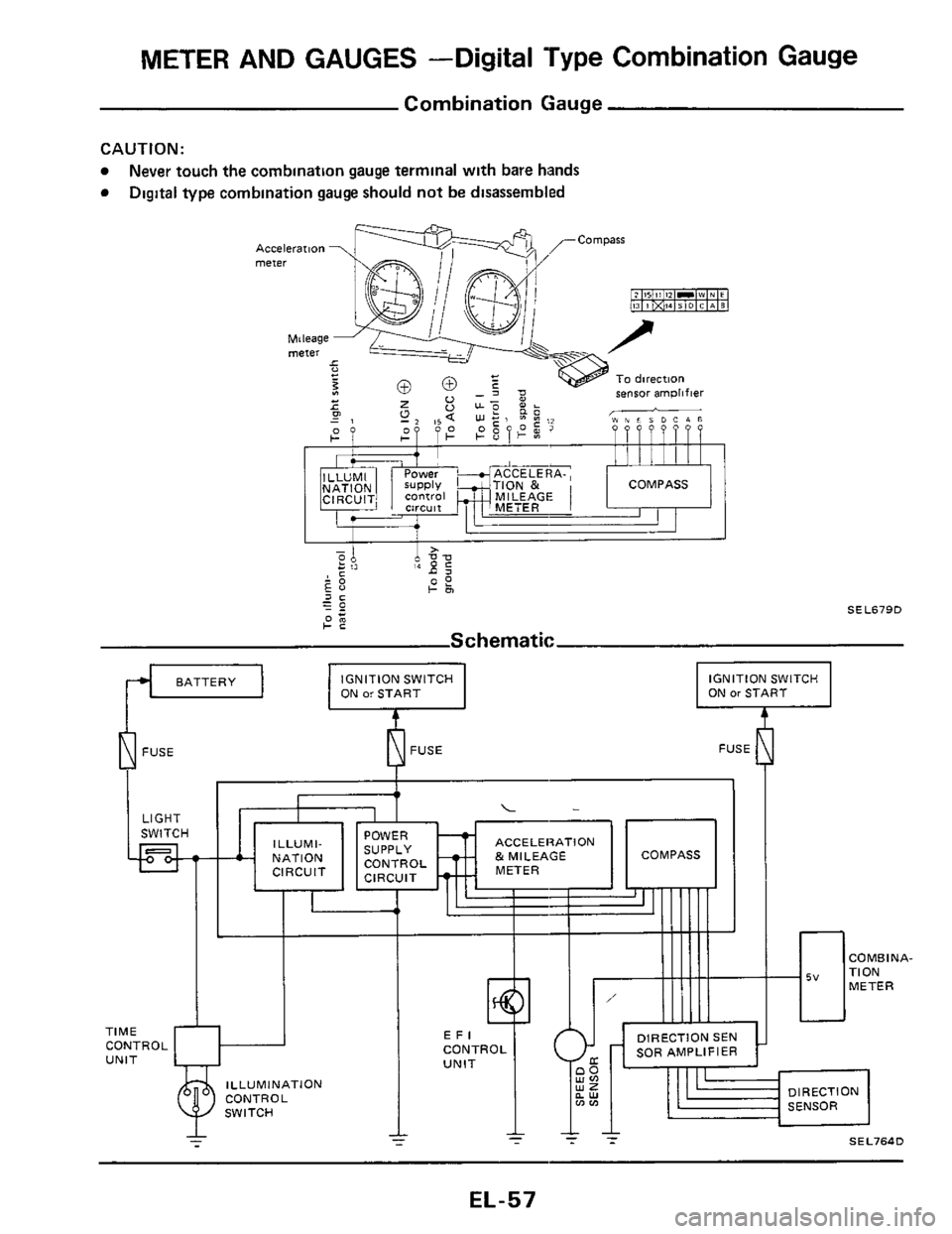 NISSAN 300ZX 1984 Z31 Electrical System Repair Manual METER  AND GAUGES -Digital Type  Combination  Gauge 
Combination Gauge 
CAUTION: 
Never touch the combination  gauge terminal  with bare hands 
Digital  type combination  gauge should  not be disassem