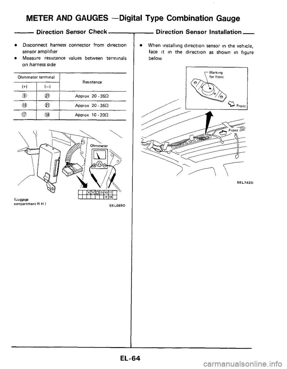 NISSAN 300ZX 1984 Z31 Electrical System Repair Manual METER AND GAUGES  -Digital Type Combination  Gauge 
@ Io 
Direction  Sensor Check 
Disconnect  harness connector  from direction 
Measure  resistance  values between  terminals 
sensor amplifier 
on  