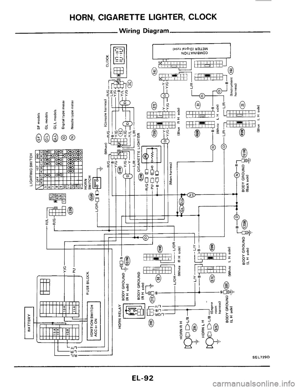 NISSAN 300ZX 1984 Z31 Electrical System Workshop Manual HORN, CIGARETTE LIGHTER,  CLOCK 
Wiring Diagram 
SEL729D 
EL-92  