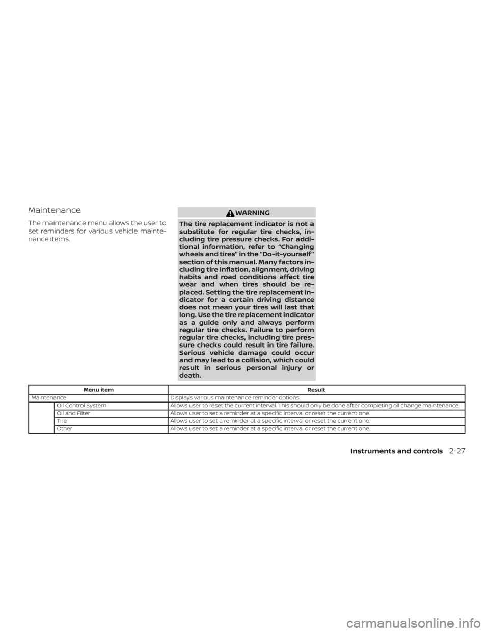NISSAN ALTIMA 2022 Owners Manual Maintenance
The maintenance menu allows the user to
set reminders for various vehicle mainte-
nance items. NISSAN ALTIMA 2022 Owners Manual Maintenance
The maintenance menu allows the user to
set reminders for various vehicle mainte-
nance items.