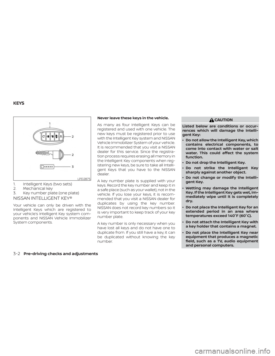 NISSAN ALTIMA 2022  Owners Manual 1. Intelligent Keys (two sets)
2. Mechanical key
3. Key number plate (one plate)
NISSAN INTELLIGENT KEY®
Your vehicle can only be driven with the
Intelligent Keys which are registered to
your vehicle