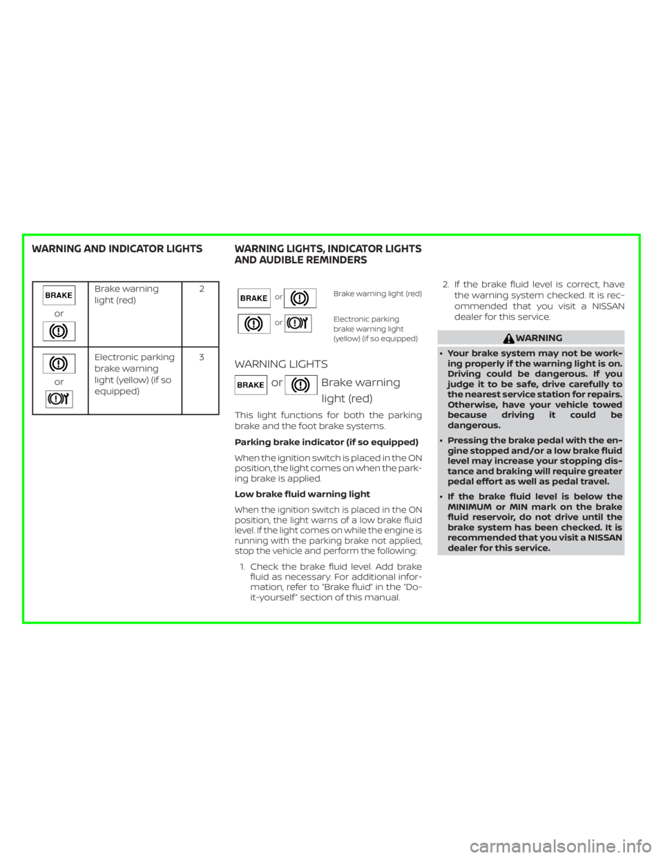 NISSAN ALTIMA 2022  Owners Manual Brake warning
light (red)2
or
Electronic parking
brake warning
light (yellow) (if so
equipped)3
orBrake warning light (red)
orElectronic parking
brake warning light
(yellow) (if so equipped)
WARNING L