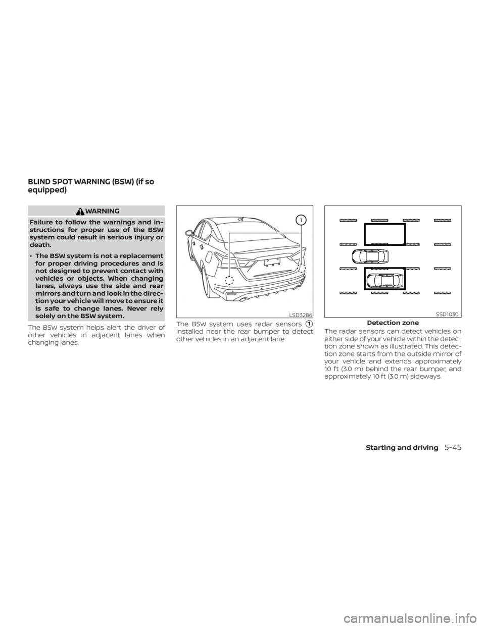 NISSAN ALTIMA 2022 Owners Manual WARNING
Failure to follow the warnings and in-
structions for proper use of the BSW
system could result in serious injury or
death.
∙ The BSW system is not a replacementfor proper driving procedures NISSAN ALTIMA 2022 Owners Manual WARNING
Failure to follow the warnings and in-
structions for proper use of the BSW
system could result in serious injury or
death.
∙ The BSW system is not a replacementfor proper driving procedures