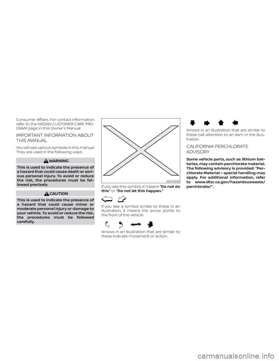 NISSAN ALTIMA 2022  Owners Manual Consumer Affairs. For contact information,
refer to the NISSAN CUSTOMER CARE PRO-
GRAM page in this Owner’s Manual.
IMPORTANT INFORMATION ABOUT
THIS MANUAL
You will see various symbols in this manua