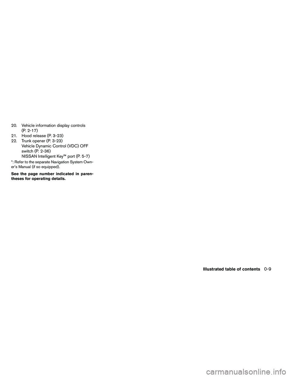 NISSAN ALTIMA 2012 User Guide 20. Vehicle information display controls(P. 2-17)
21. Hood release (P. 3-23)
22. Trunk opener (P. 3-23) Vehicle Dynamic Control (VDC) OFF
switch (P. 2-36)
NISSAN Intelligent Key™ port (P. 5-7)
*: Re