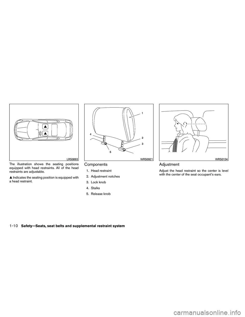 NISSAN ALTIMA 2012 Owners Manual The illustration shows the seating positions
equipped with head restraints. All of the head
restraints are adjustable.
Indicates the seating position is equipped with
a head restraint.Components
1. H