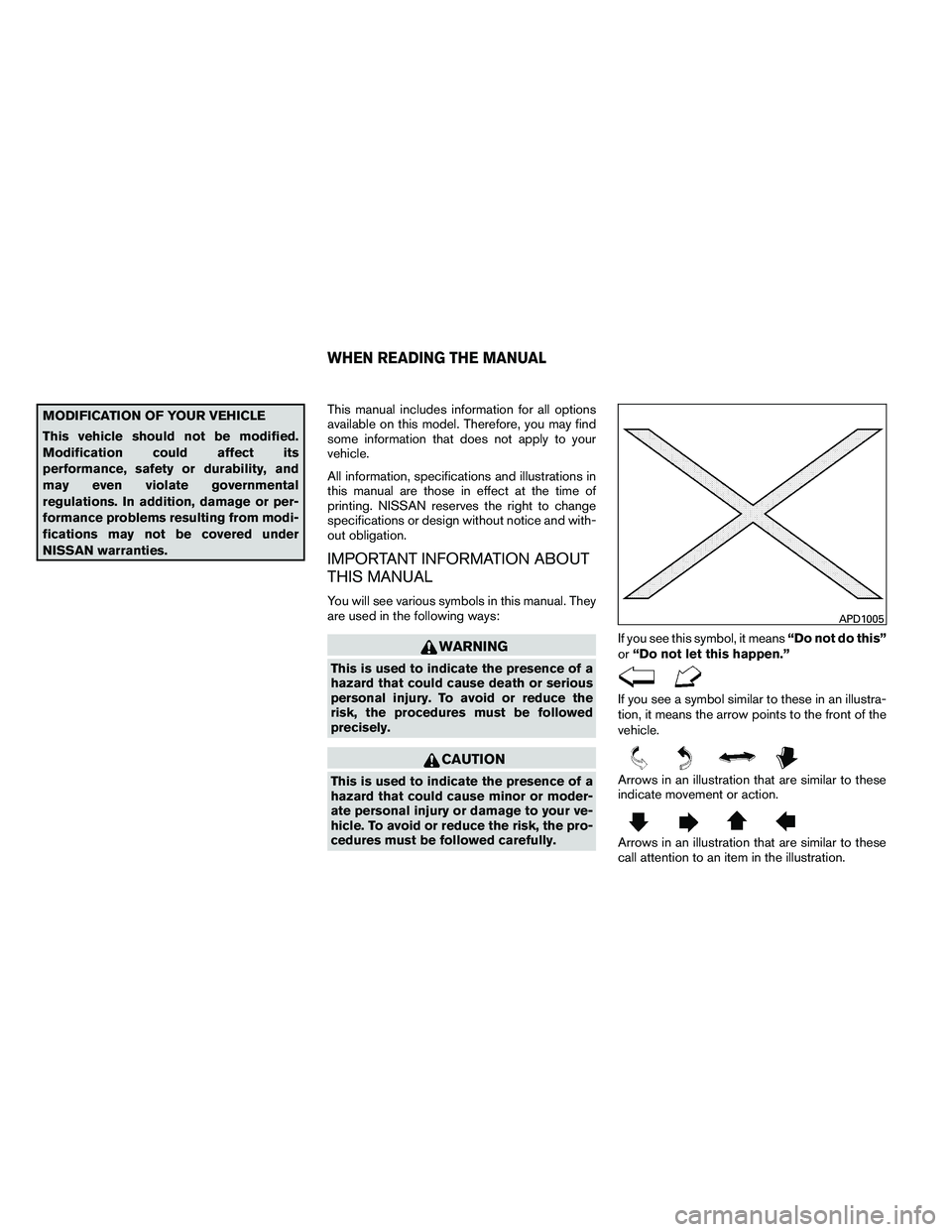 NISSAN ALTIMA 2012  Owners Manual MODIFICATION OF YOUR VEHICLE
This vehicle should not be modified.
Modification could affect its
performance, safety or durability, and
may even violate governmental
regulations. In addition, damage or