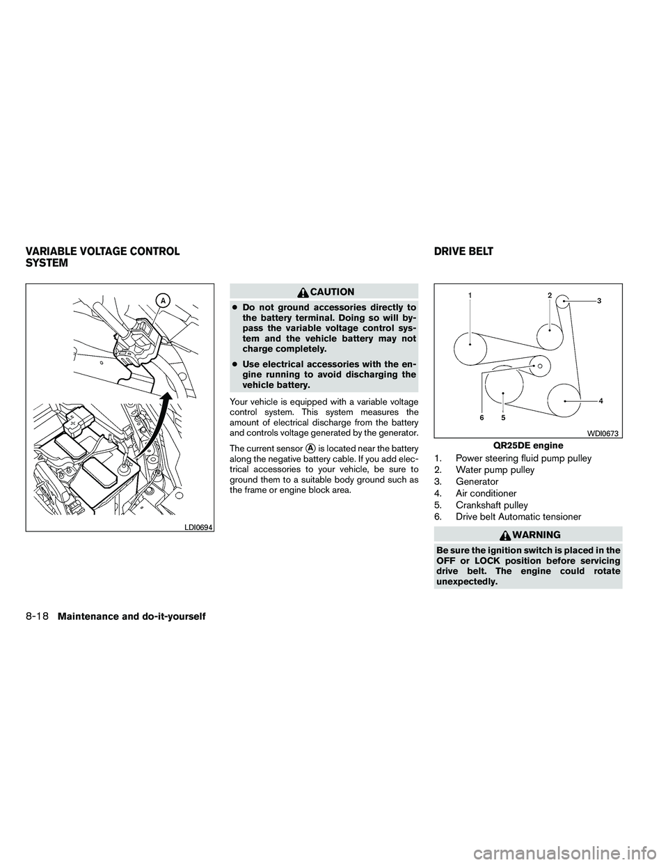 NISSAN ALTIMA 2012  Owners Manual CAUTION
●Do not ground accessories directly to
the battery terminal. Doing so will by-
pass the variable voltage control sys-
tem and the vehicle battery may not
charge completely.
● Use electrica
