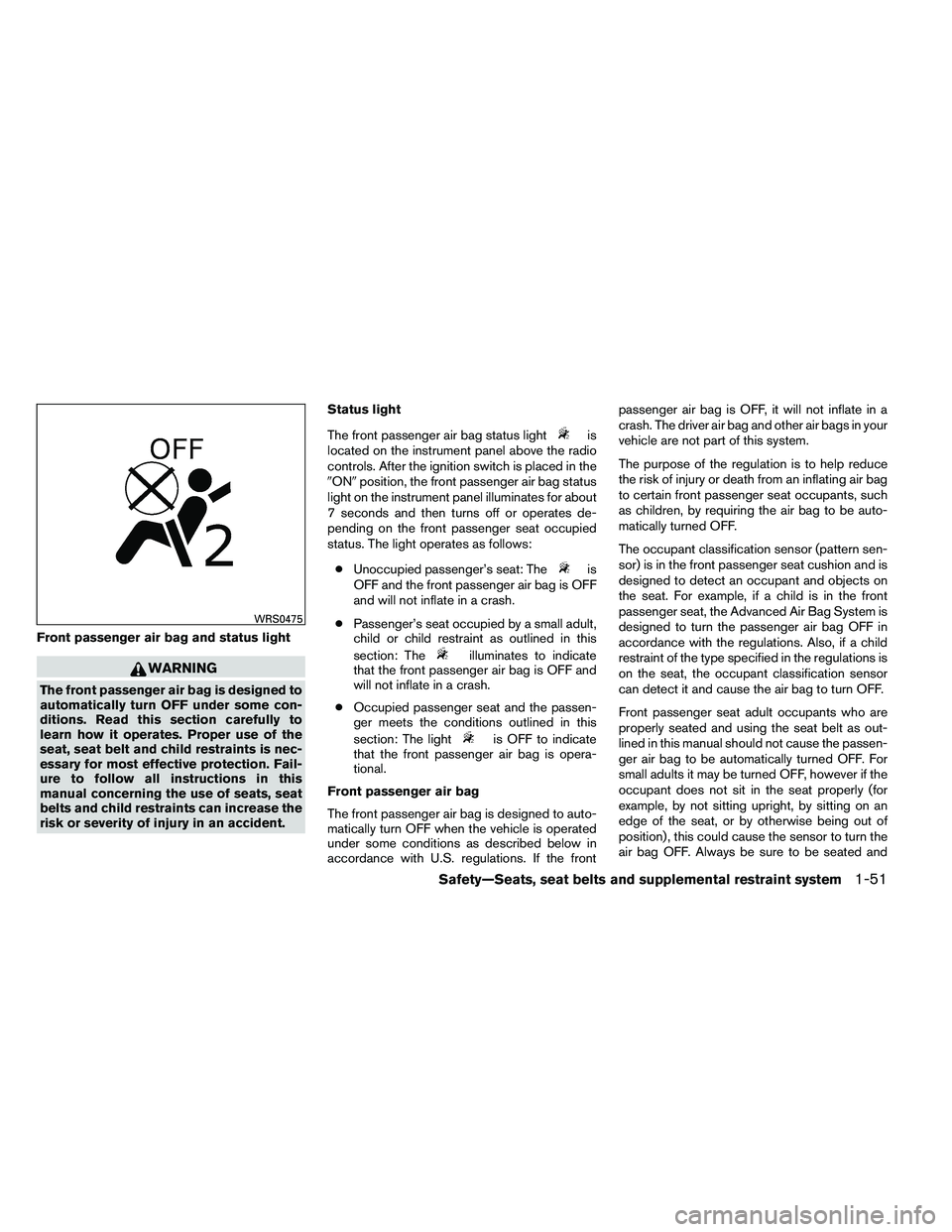 NISSAN ALTIMA 2012 Manual PDF Front passenger air bag and status light 
