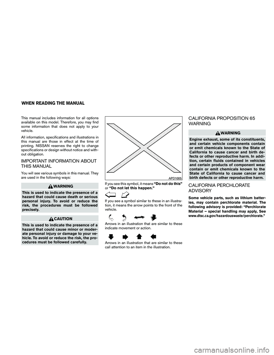NISSAN ALTIMA 2011  Owners Manual This manual includes information for all options
available on this model. Therefore, you may find
some information that does not apply to your
vehicle.
All information, specifications and illustration