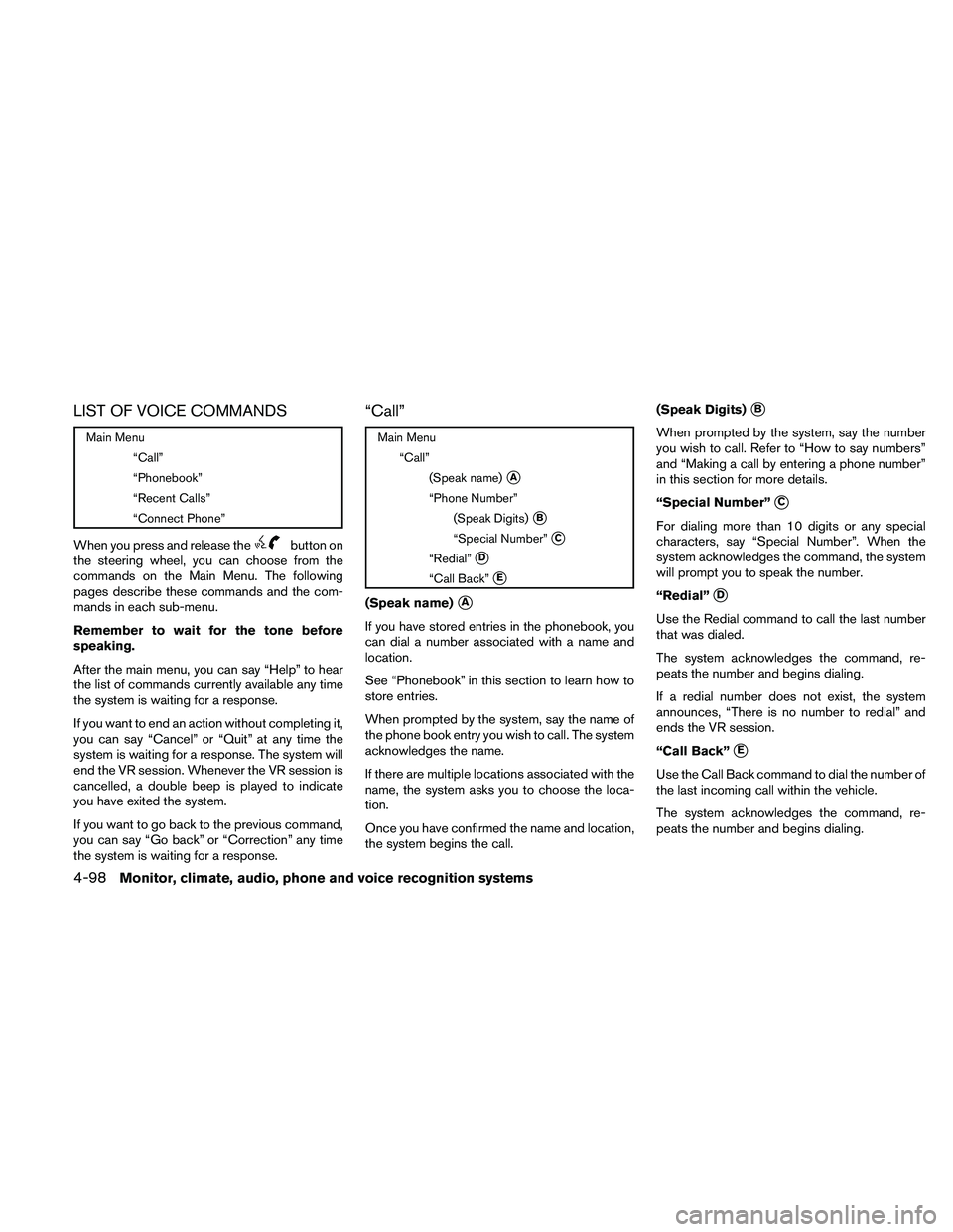 NISSAN ALTIMA 2011  Owners Manual LIST OF VOICE COMMANDS 