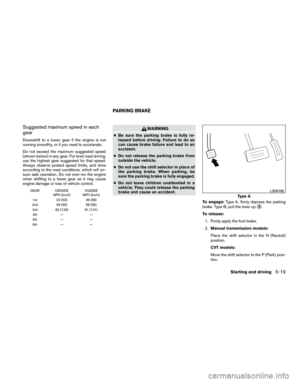 NISSAN ALTIMA 2011  Owners Manual Suggested maximum speed in each
gear
Downshift to a lower gear if the engine is not
running smoothly, or if you need to accelerate.
Do not exceed the maximum suggested speed
(shown below) in any gear.