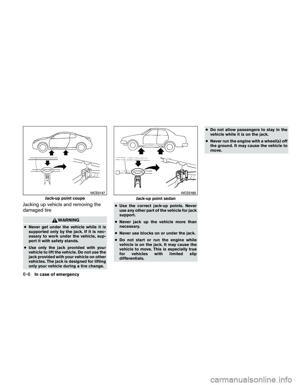 NISSAN ALTIMA 2011  Owners Manual Jacking up vehicle and removing the
damaged tire 
