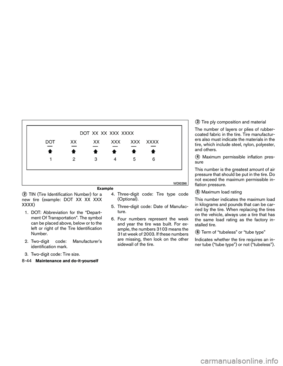 NISSAN ALTIMA 2011  Owners Manual 2TIN (Tire Identification Number) for a
new tire (example: DOT XX XX XXX
XXXX)
1. DOT: Abbreviation for the “Depart- ment Of Transportation”. The symbol
can be placed above, below or to the
left 
