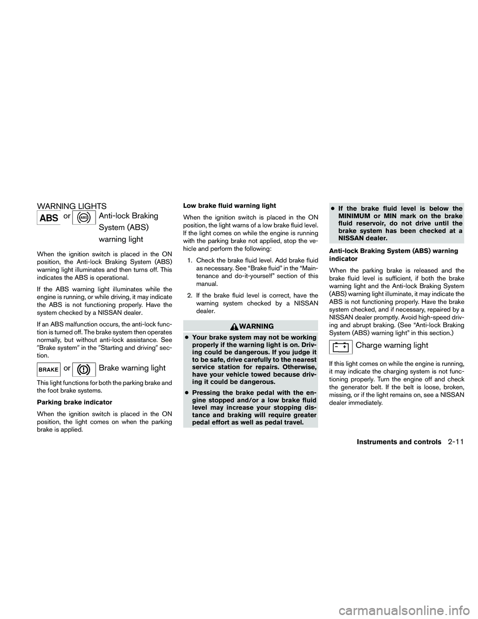 NISSAN ALTIMA 2011 Manual Online WARNING LIGHTS 