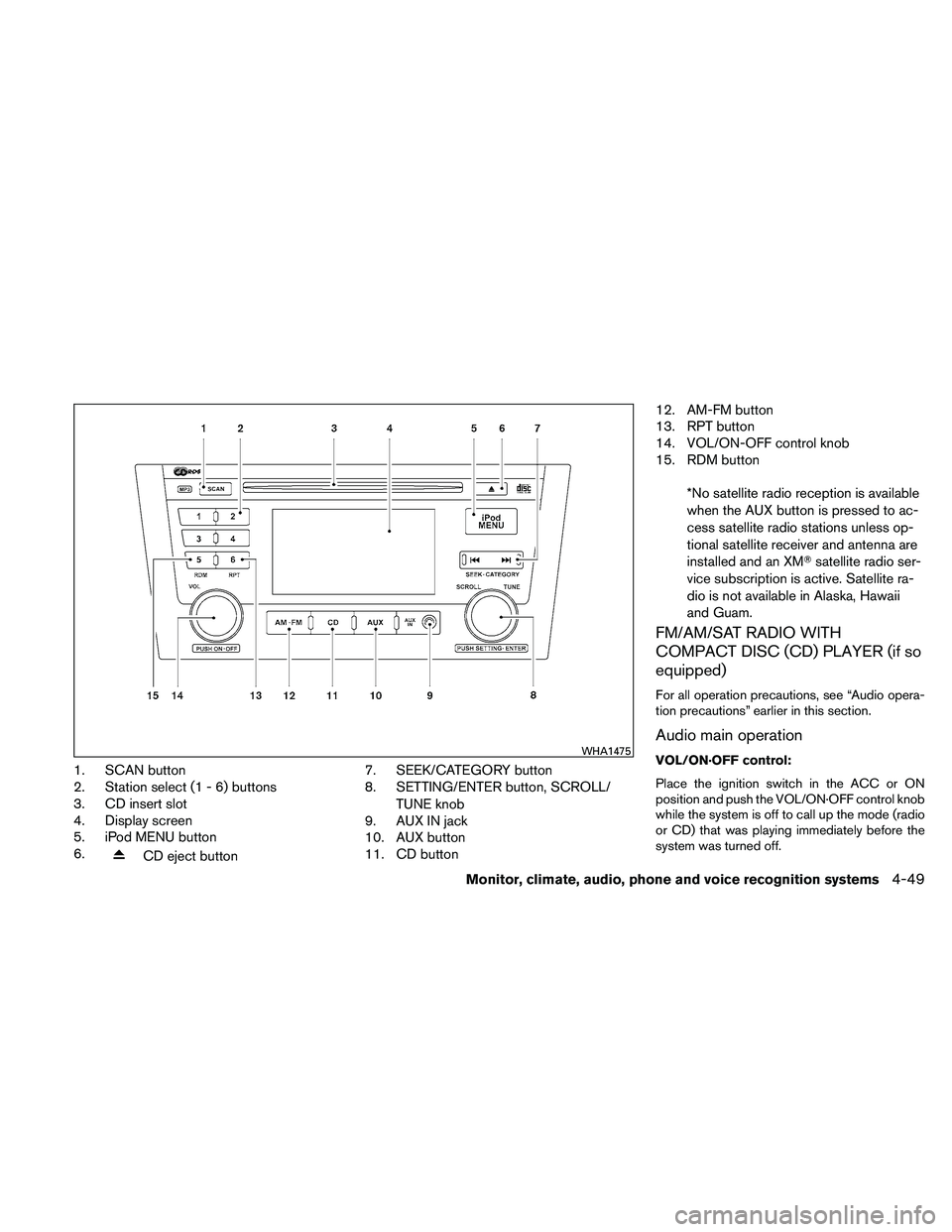 NISSAN ALTIMA 2010  Owners Manual 1. SCAN button
2. Station select (1 - 6) buttons
3. CD insert slot
4. Display screen
5. iPod MENU button
6. 