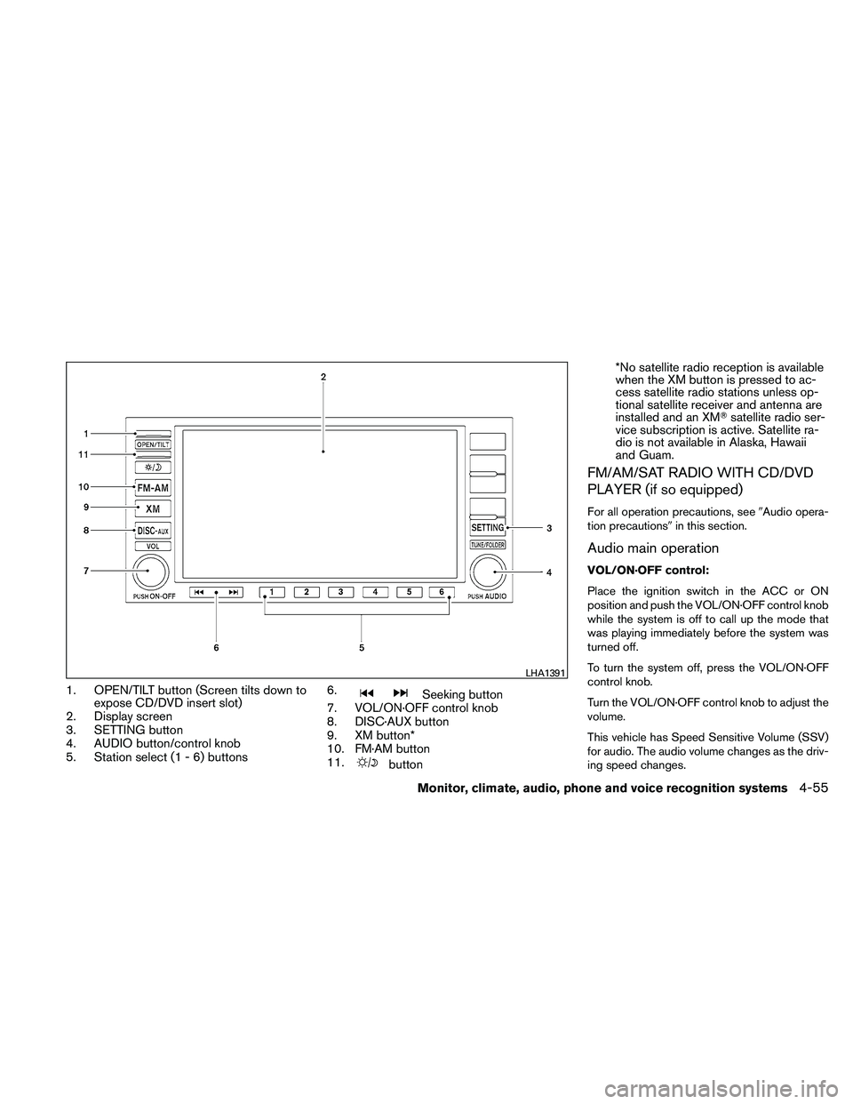 NISSAN ALTIMA 2010  Owners Manual 1. OPEN/TILT button (Screen tilts down toexpose CD/DVD insert slot)
2. Display screen
3. SETTING button
4. AUDIO button/control knob
5. Station select (1 - 6) buttons 6. 