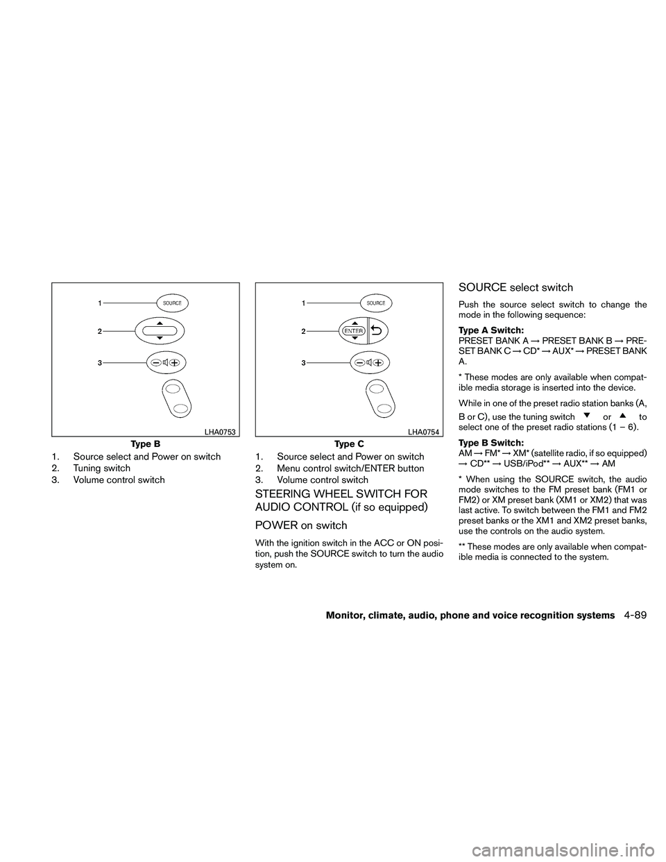 NISSAN ALTIMA 2010  Owners Manual 1. Source select and Power on switch
2. Tuning switch
3. Volume control switch1. Source select and Power on switch
2. Menu control switch/ENTER button
3. Volume control switch
STEERING WHEEL SWITCH FO