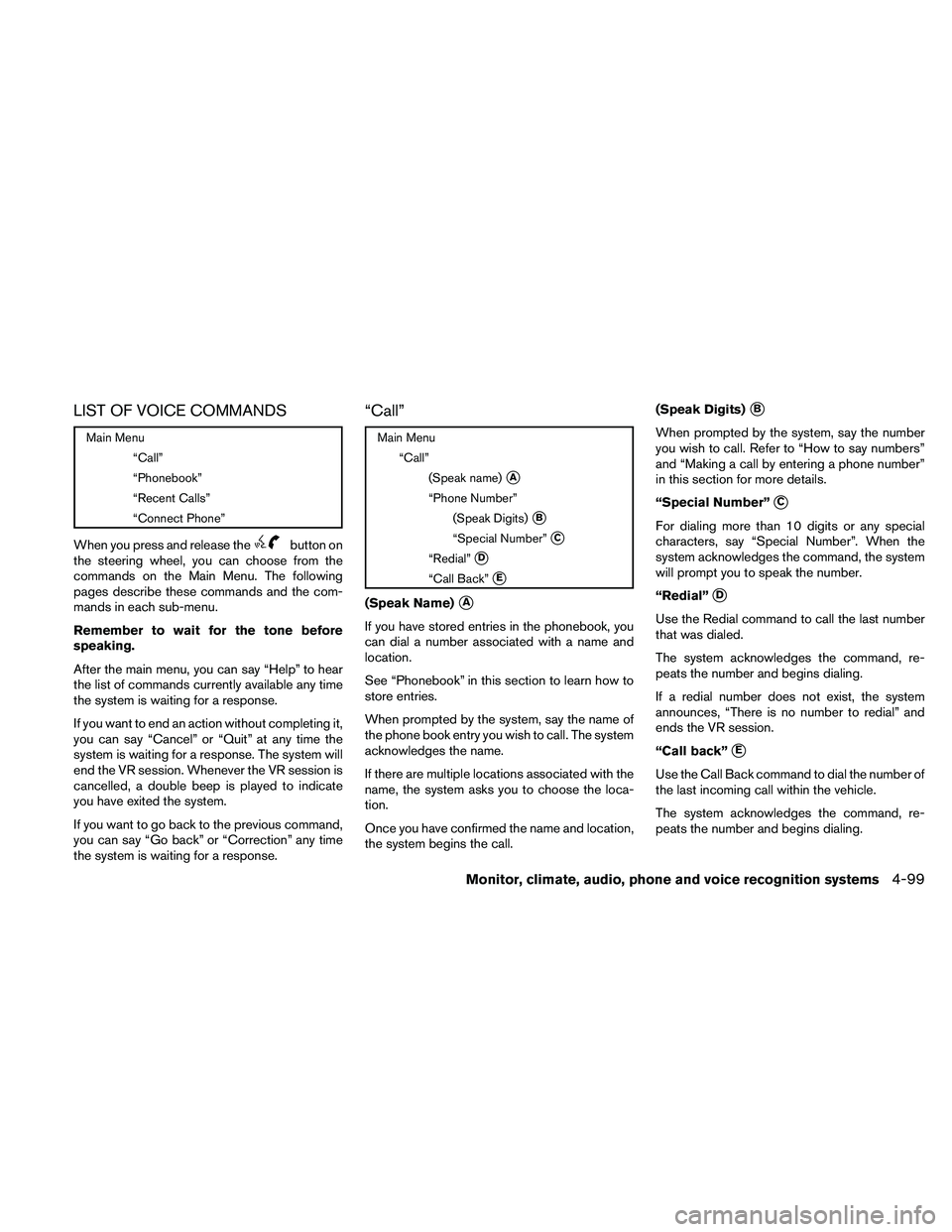 NISSAN ALTIMA 2010  Owners Manual LIST OF VOICE COMMANDS 