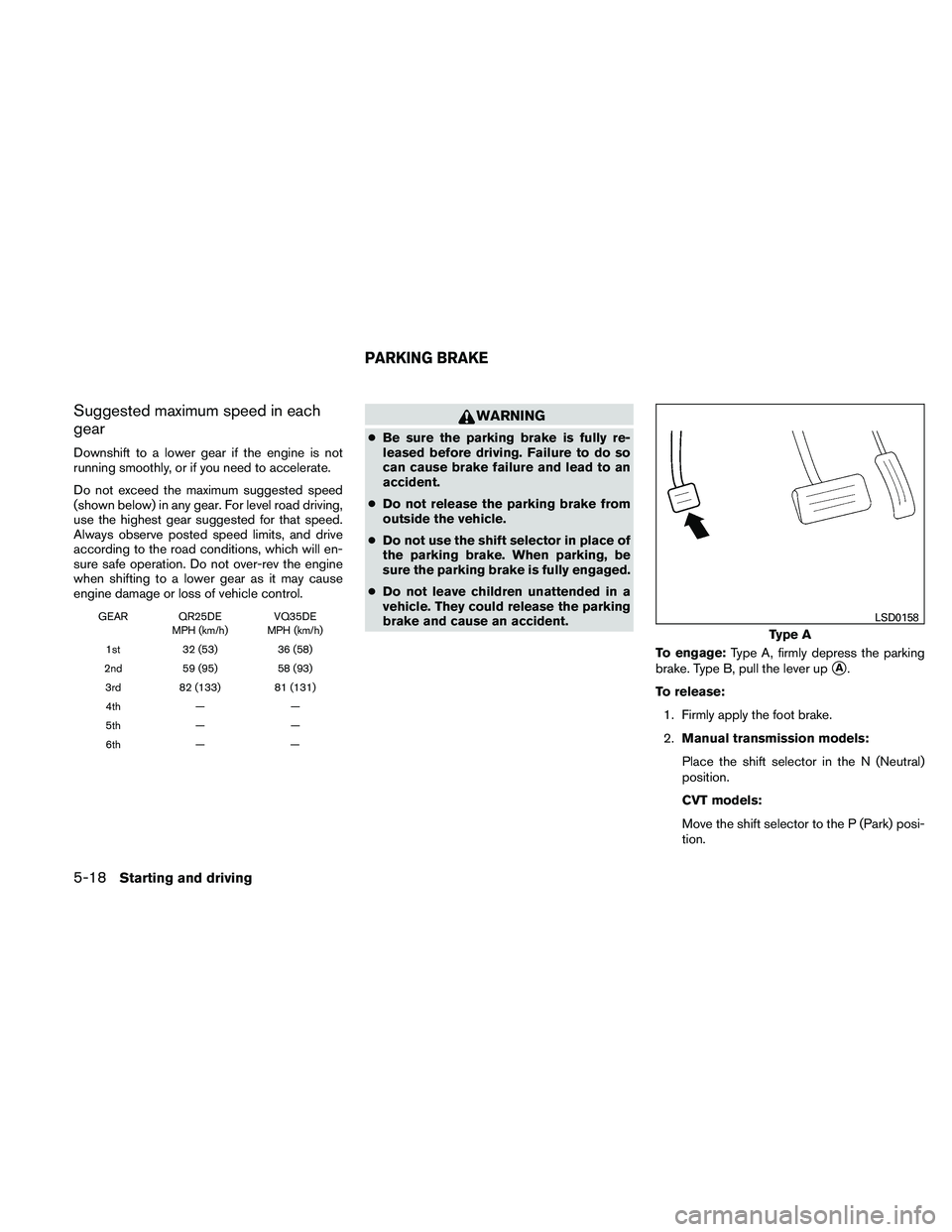 NISSAN ALTIMA 2010  Owners Manual Suggested maximum speed in each
gear
Downshift to a lower gear if the engine is not
running smoothly, or if you need to accelerate.
Do not exceed the maximum suggested speed
(shown below) in any gear.