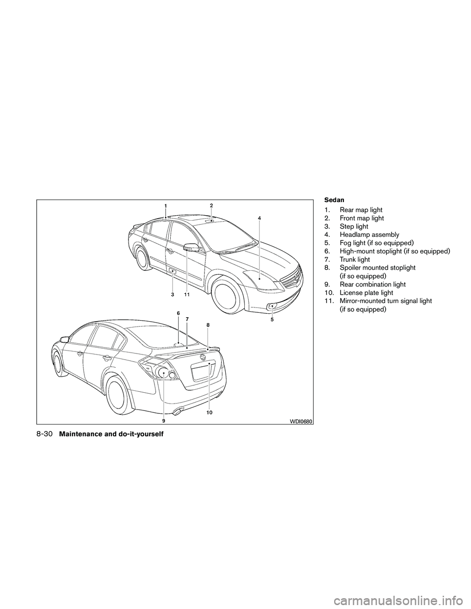 NISSAN ALTIMA 2010  Owners Manual Sedan
1. Rear map light
2. Front map light
3. Step light
4. Headlamp assembly
5. Fog light (if so equipped)
6. High-mount stoplight (if so equipped)
7. Trunk light
8. Spoiler mounted stoplight(if so e