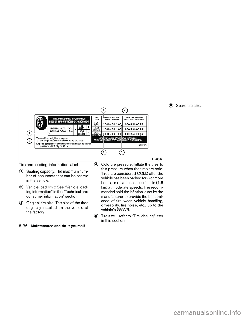 NISSAN ALTIMA 2010  Owners Manual Tire and loading information label
1Seating capacity: The maximum num-
ber of occupants that can be seated
in the vehicle.
2Vehicle load limit: See “Vehicle load-
ing information” in the “Tech