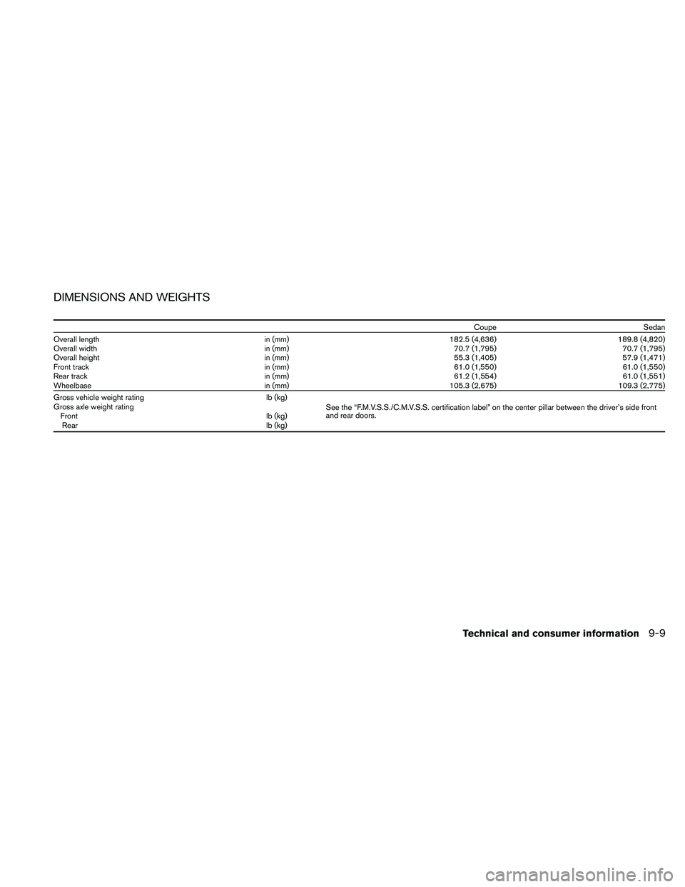 NISSAN ALTIMA 2010  Owners Manual DIMENSIONS AND WEIGHTS 