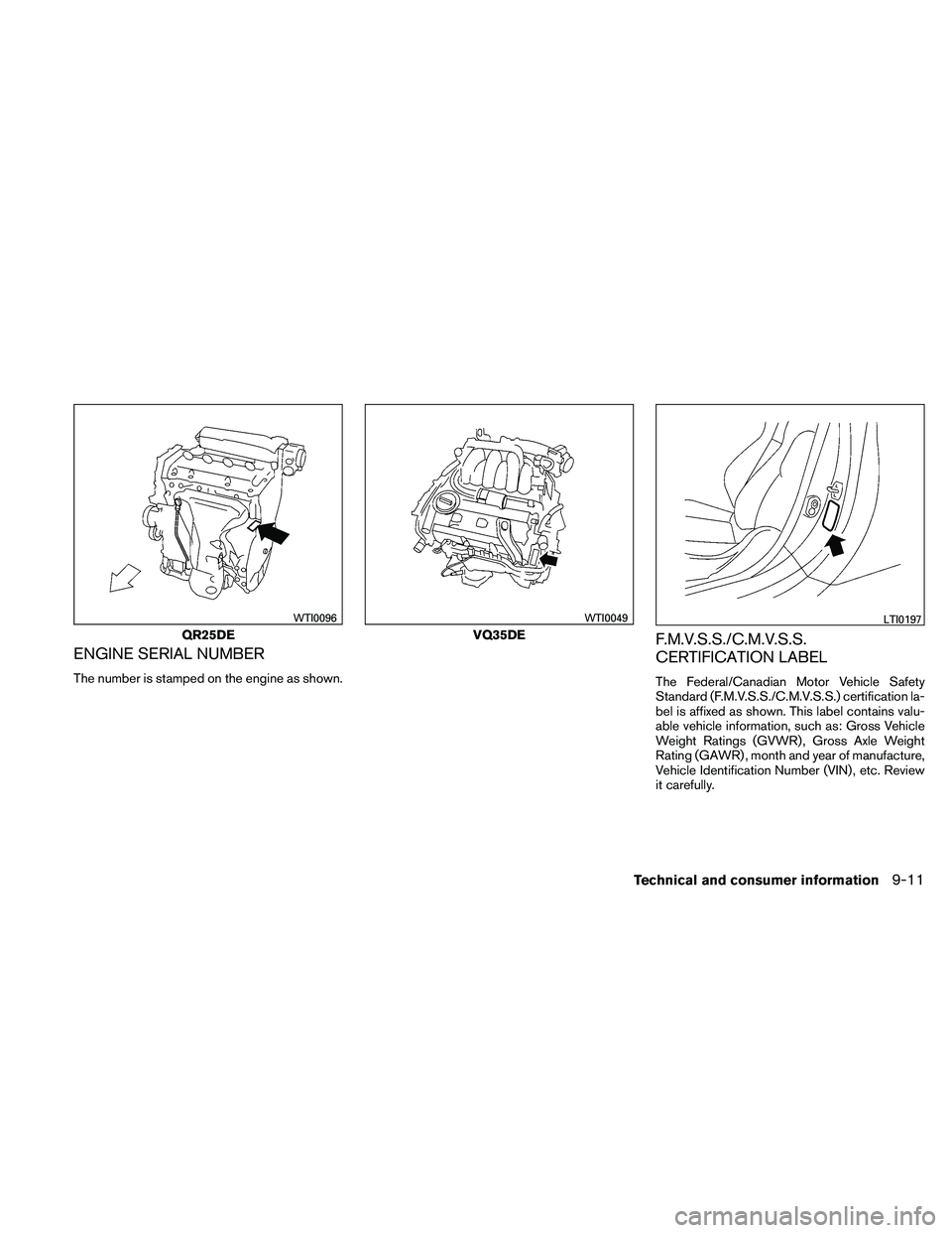 NISSAN ALTIMA 2010  Owners Manual ENGINE SERIAL NUMBER
The number is stamped on the engine as shown.
F.M.V.S.S./C.M.V.S.S.
CERTIFICATION LABEL
The Federal/Canadian Motor Vehicle Safety
Standard (F.M.V.S.S./C.M.V.S.S.) certification la
