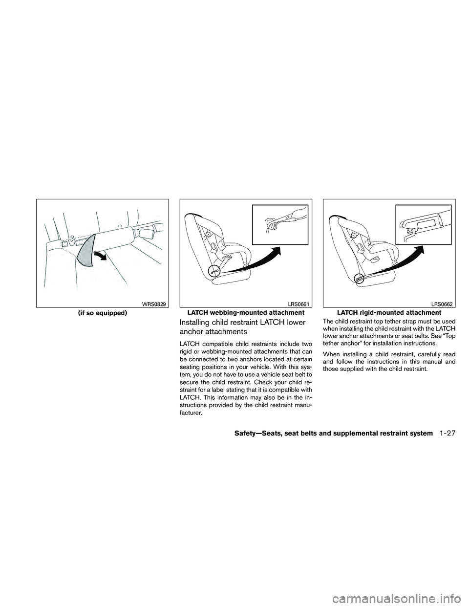 NISSAN ALTIMA 2010 Service Manual Installing child restraint LATCH lower
anchor attachments
LATCH compatible child restraints include two
rigid or webbing-mounted attachments that can
be connected to two anchors located at certain
sea