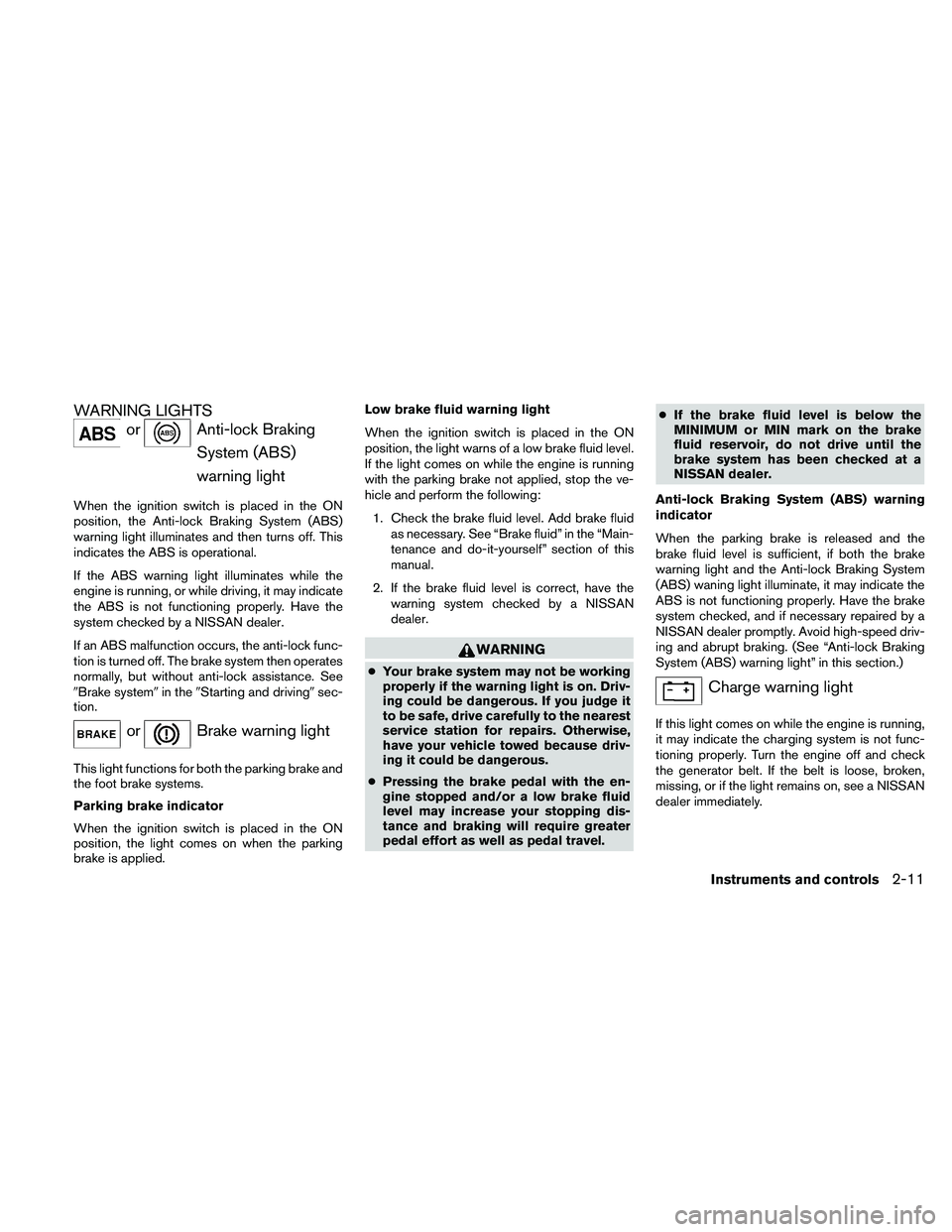 NISSAN ALTIMA 2010 Manual Online WARNING LIGHTS 