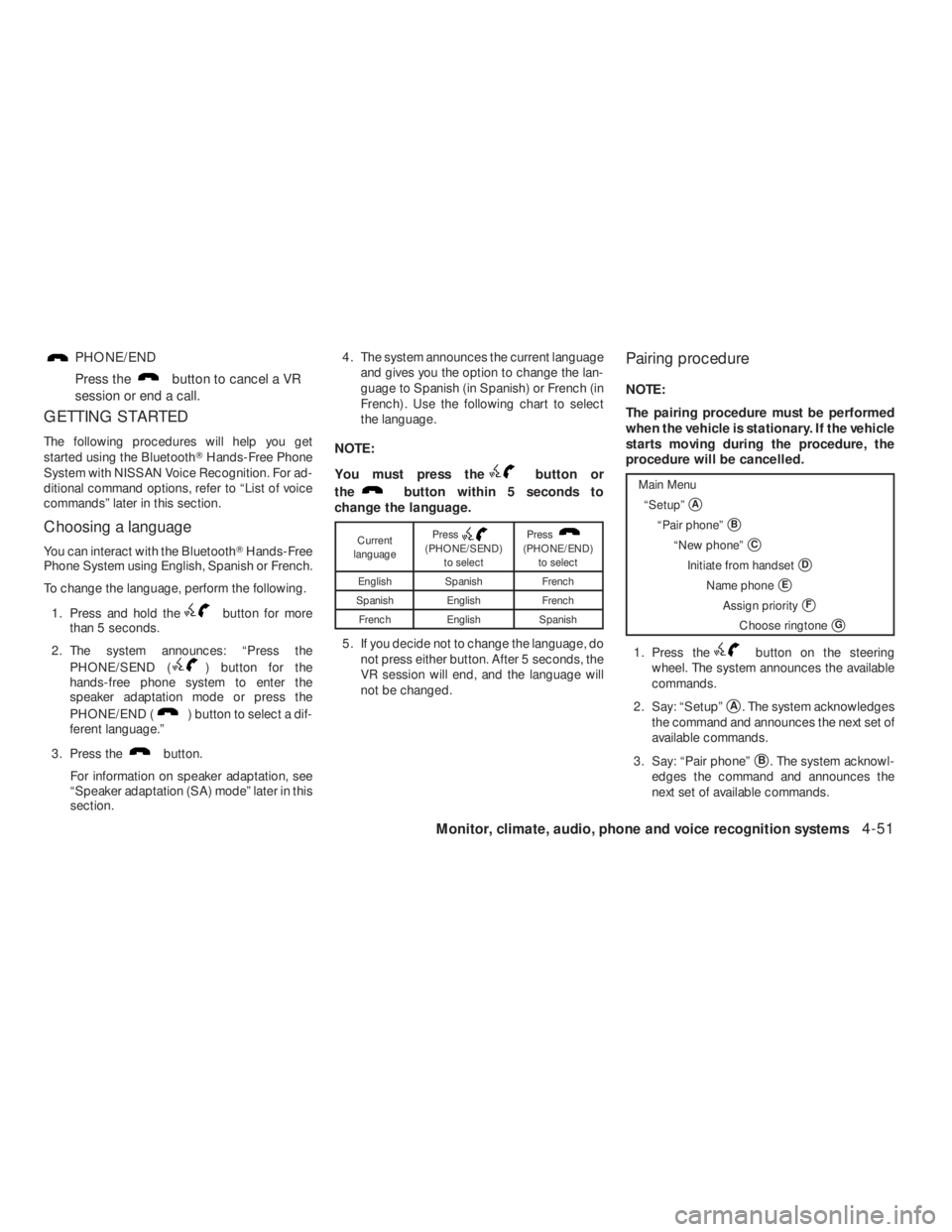 NISSAN ALTIMA 2009  Owners Manual button to cancel a VR
session or end a call.
GETTING STARTED
The following procedures will help you get
started using the BluetoothHands-Free Phone
System with NISSAN Voice Recognition. For ad-
ditio