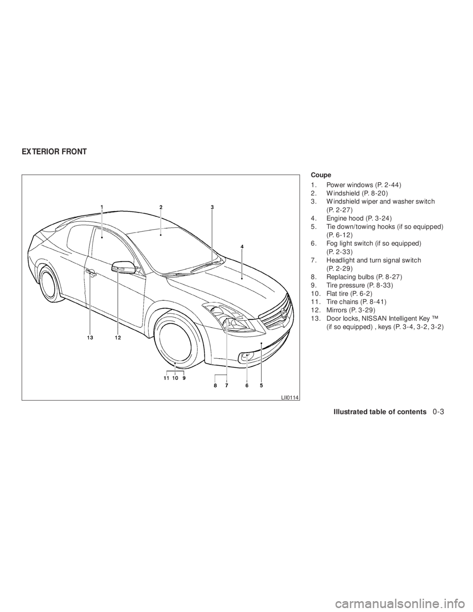 NISSAN ALTIMA 2009  Owners Manual Illustrated table of contents0-3
REVIEW COPY—2009 Altima(alt)
Owners Manual—USA_English(nna)
09/08/08—debbie
 