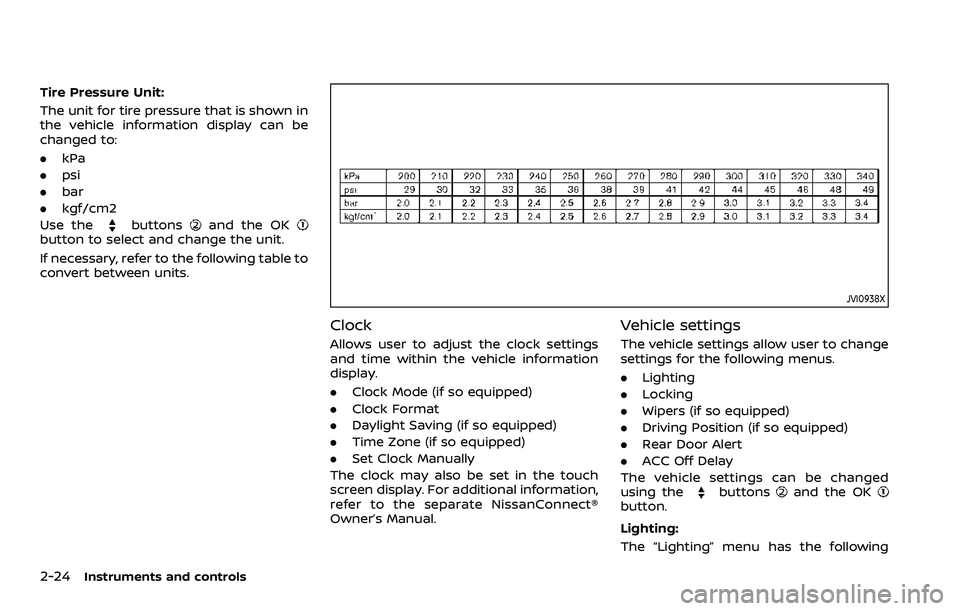 NISSAN ARMADA 2023 Owners Manual 2-24Instruments and controls
Tire Pressure Unit:
The unit for tire pressure that is shown in
the vehicle information display can be
changed to:
.kPa
. psi
. bar
. kgf/cm2
Use the
buttonsand the OKbutt NISSAN ARMADA 2023 Owners Manual 2-24Instruments and controls
Tire Pressure Unit:
The unit for tire pressure that is shown in
the vehicle information display can be
changed to:
.kPa
. psi
. bar
. kgf/cm2
Use the
buttonsand the OKbutt