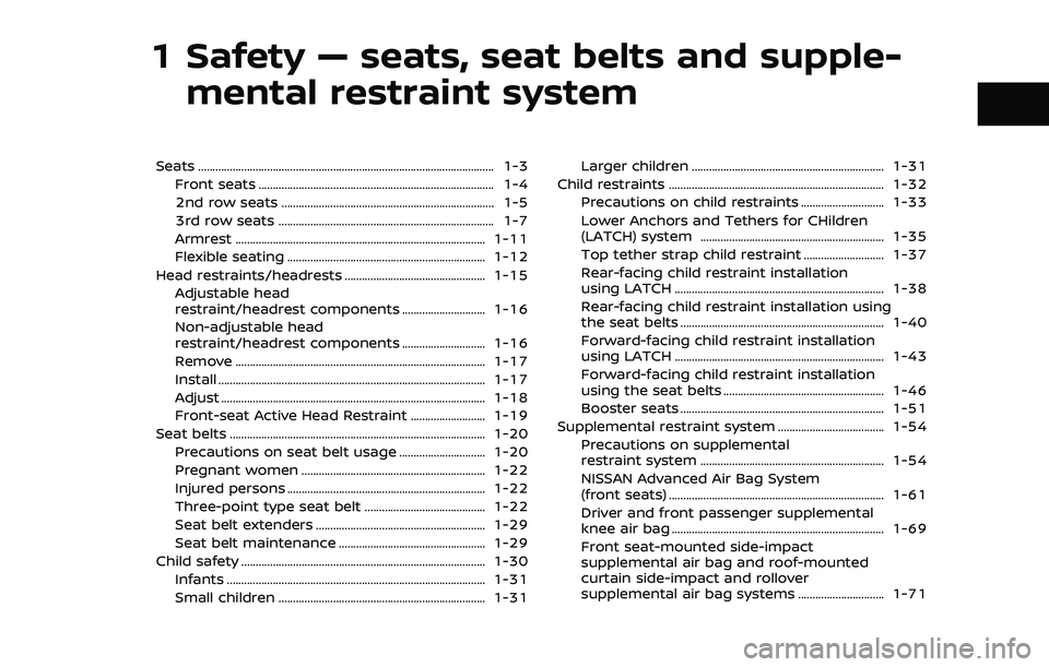NISSAN ARMADA 2023  Owners Manual 1 Safety — seats, seat belts and supple-mental restraint system
Seats ........................................................................\
............................... 1-3
Front seats ......